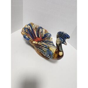 Colorful Midcentury Modern Pottery Peacock Catch Entryway Dish Home Decor 14.75"